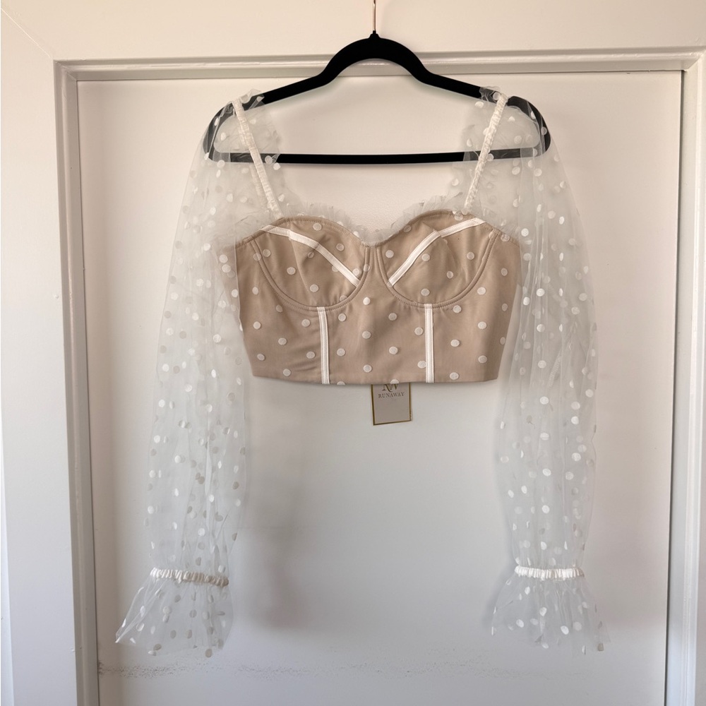 Tan and White Sheer Polka Dot Crop Top